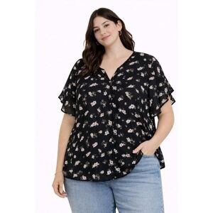 Zenobia Blouse Women 3XL Black Floral Flutter Sleeve V-Neck Chiffon Top Boho